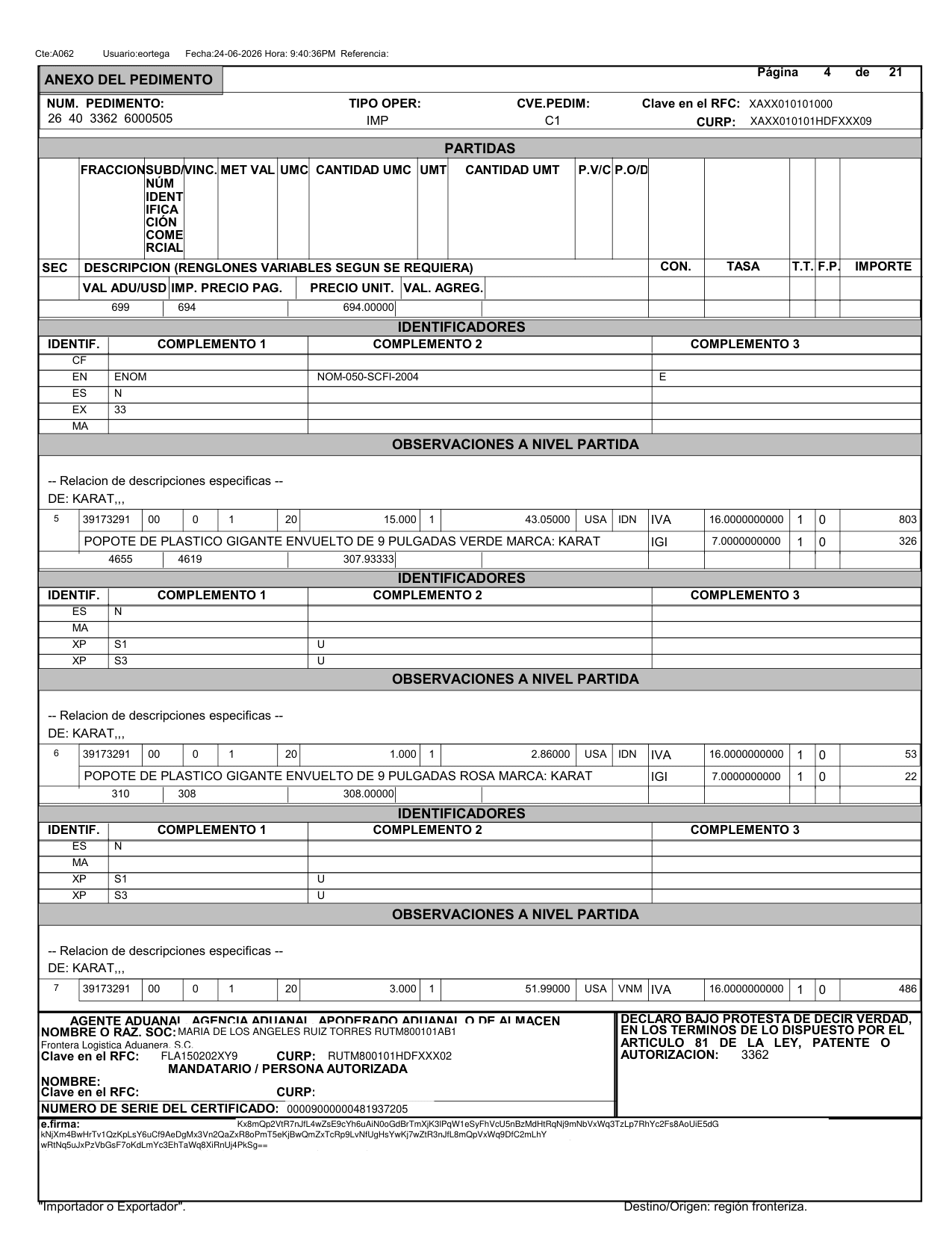 Página de partidas de un pedimento aduanal