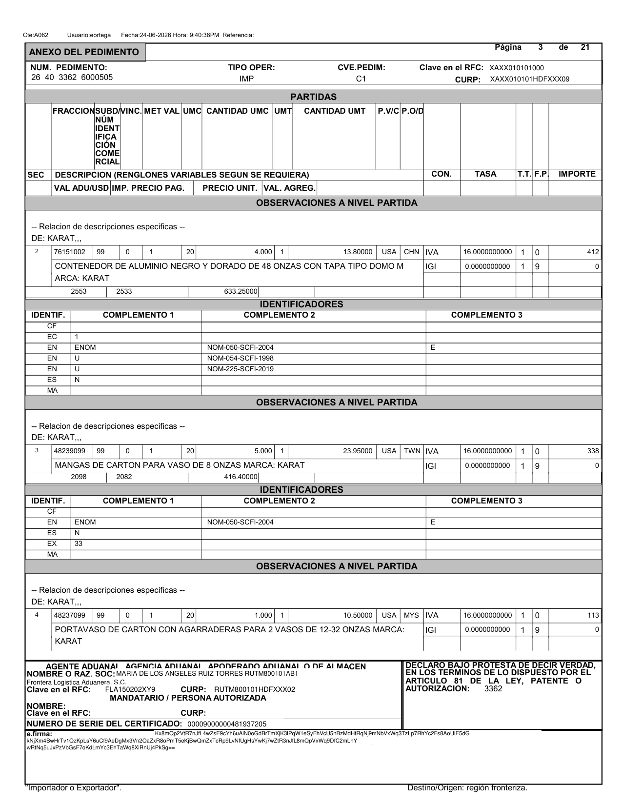 Página de partidas de un pedimento aduanal
